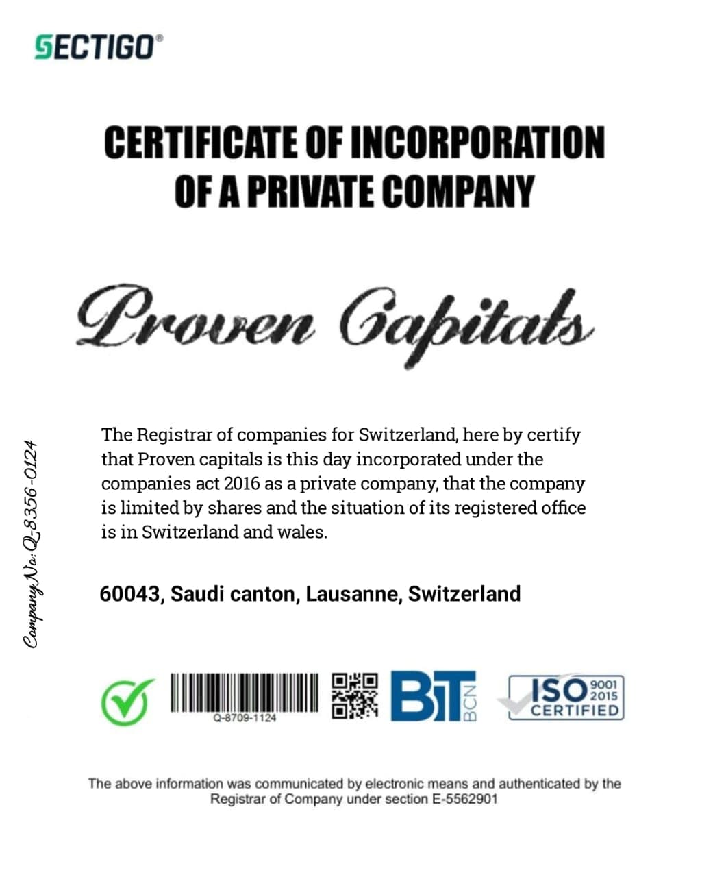 ProvenCapitalz Certificate of Incorporation